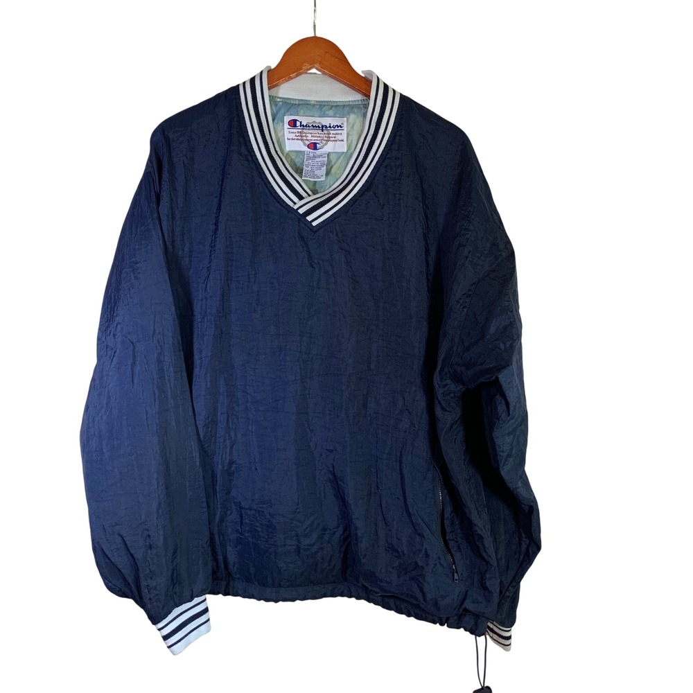 Champion Mens Vintage Navy Blue Nylon V-Neck Windbreaker Pullover Retro Large